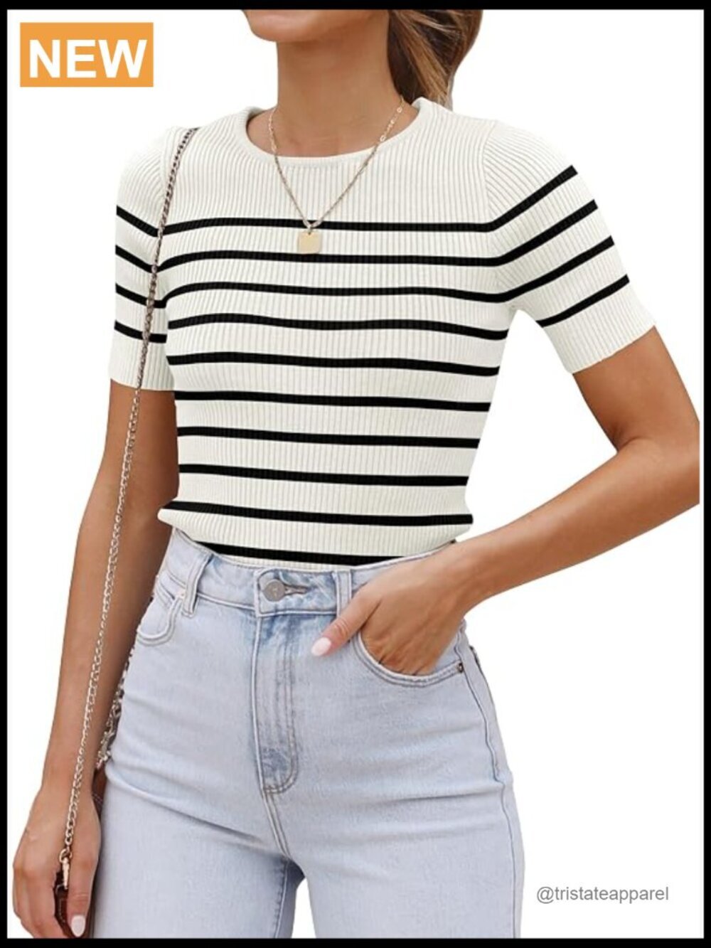 Striped Short Sleeve Crewneck Tee Fitted Ribbed Knit Basic Casual Top